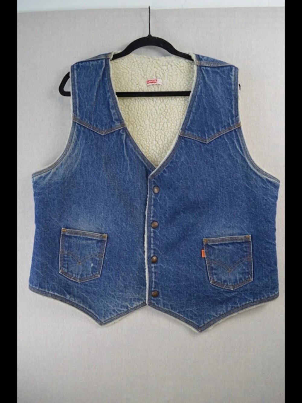 Vintage Levi’s Mens Blue Denim Orange Tab Sherpa Fleece Snap Button Vest Size XL